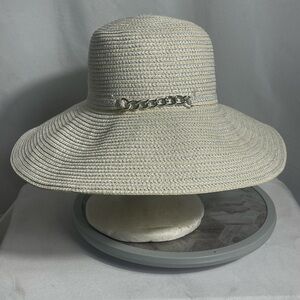 August Hat Company Wide Brim Floppy Sun Hat Metallic Chain Accent Ivory